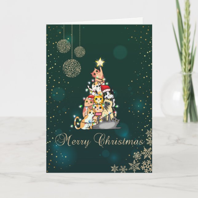 Elegant Green,Cat Pine Tree,Snowflakes  Holiday Card (Front)