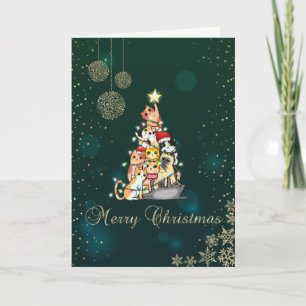 Elegant Green,Cat Pine Tree,Snowflakes  Holiday Card