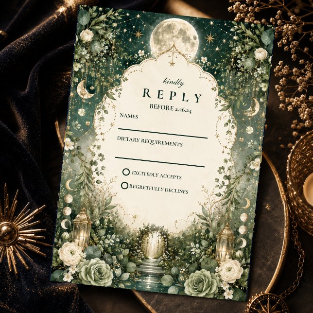 Elegant Green Celestial Wedding RSVP Card (Creator Uploaded)