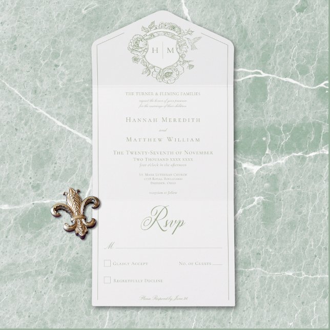Elegant Green Chinoiserie Bird Crest Wedding All In One Invitation (Elegant Green Chinoiserie Bird Crest Wedding All In One Invitation)