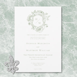 Elegant Green Chinoiserie Bird & Crest Wedding Invitation