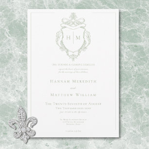 Elegant Green Chinoiserie Bird & Crest Wedding Invitation