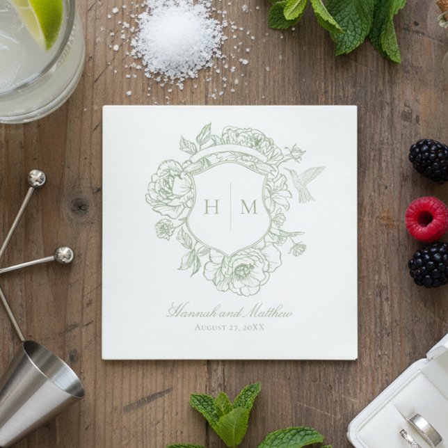 Elegant Green Chinoiserie Bird Crest Wedding Napkin (Creator Uploaded)