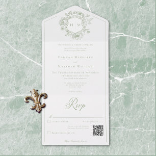 Elegant Green Chinoiserie Bird Crest Wedding QR All In One Invitation