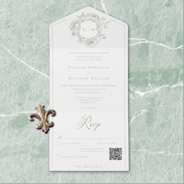 Elegant Green Chinoiserie Bird Crest Wedding QR All In One Invitation (Elegant Green Chinoiserie Bird Crest Wedding QR All In One Invitation)