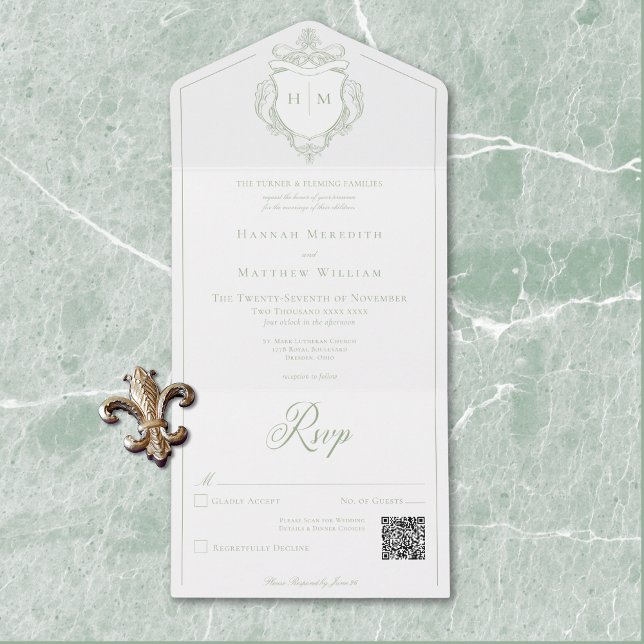 Elegant Green Chinoiserie Bird Crest Wedding QR All In One Invitation (Elegant Green Chinoiserie Bird Crest Wedding QR All In One Invitation)