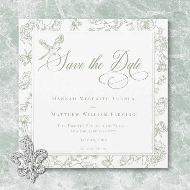 Elegant Green Chinoiserie Bird & Crest Wedding Save The Date (Elegant Green Chinoiserie Bird & Crest Wedding Save The Date)