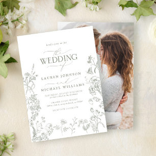 Elegant Green Chinoiserie Floral Photo Wedding Invitation