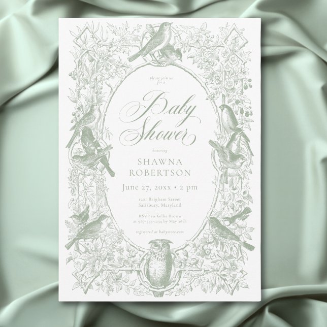 Elegant Green Chinoiserie Nature Birds Baby Shower Invitation (Elegant Green Chinoiserie Nature Birds Baby Shower Invitation)