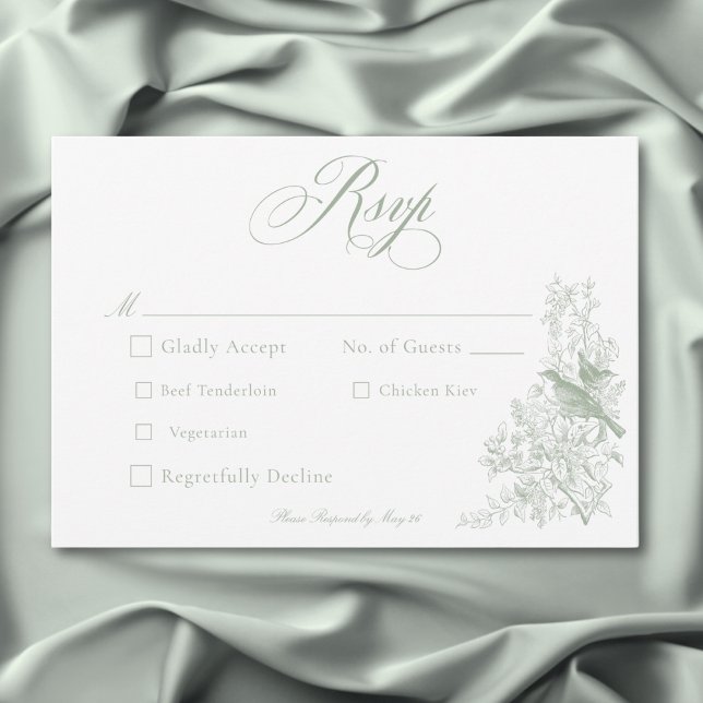 Elegant Green Chinoiserie Nature & Birds Wedding RSVP Card (Elegant Green Chinoiserie Nature & Birds Wedding RSVP Card)