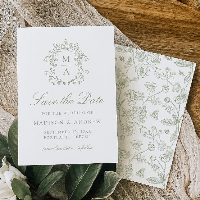 Elegant Green Chinoiserie Victorian Floral Wedding Save The Date (Creator Uploaded)