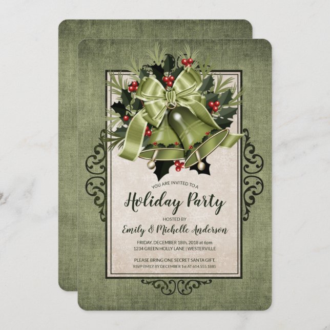 Elegant Green Christmas Bells Holiday Party Invitation (Front/Back)