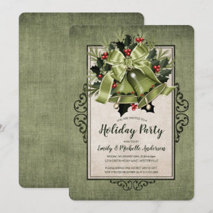 Elegant Green Christmas Bells Holiday Party Invitation