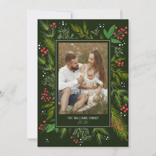 Elegant Green Christmas Greenery Wreath 4 Photo Holiday Card