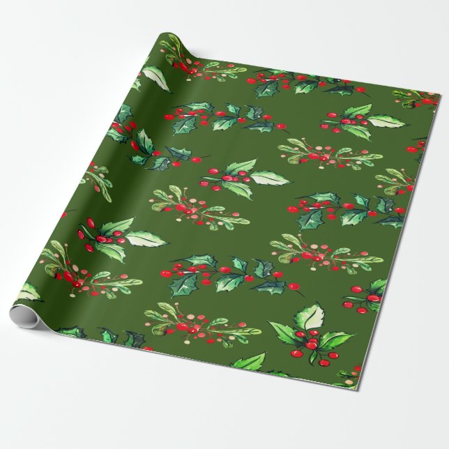 Elegant Green Christmas Holly Berries Holiday Wrapping Paper (Unrolled)