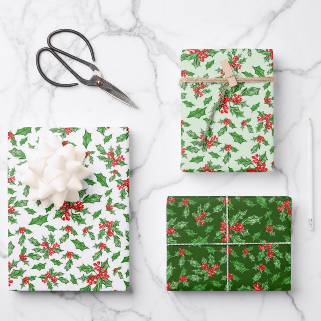 Elegant Green Christmas Holly Pattern Wrapping Paper Sheet (Front)