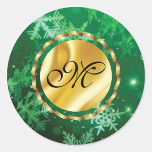 Elegant Green Christmas Monogram Classic Round Sticker