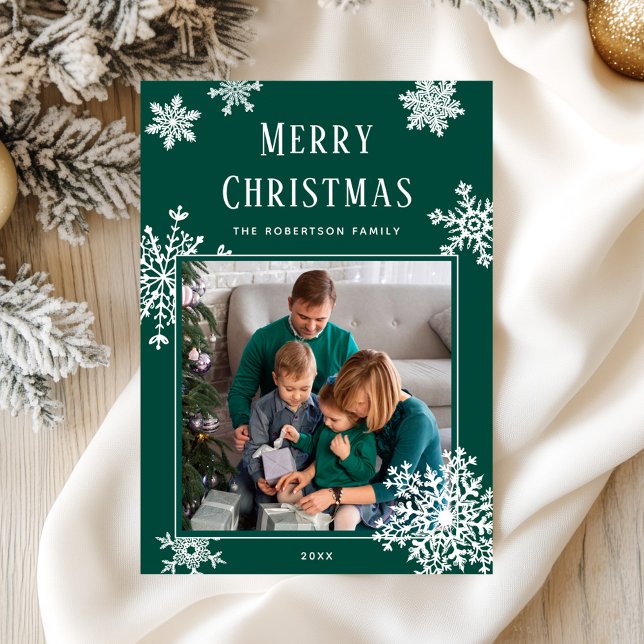 Elegant Green Christmas Snowflakes Photo Holiday Card (Creator Uploaded)