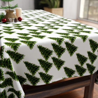 Elegant Green Christmas Tree Pattern Festive White Tablecloth