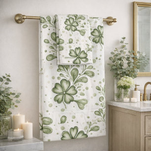 Elegant Green Clover Pattern Bath Towel Set