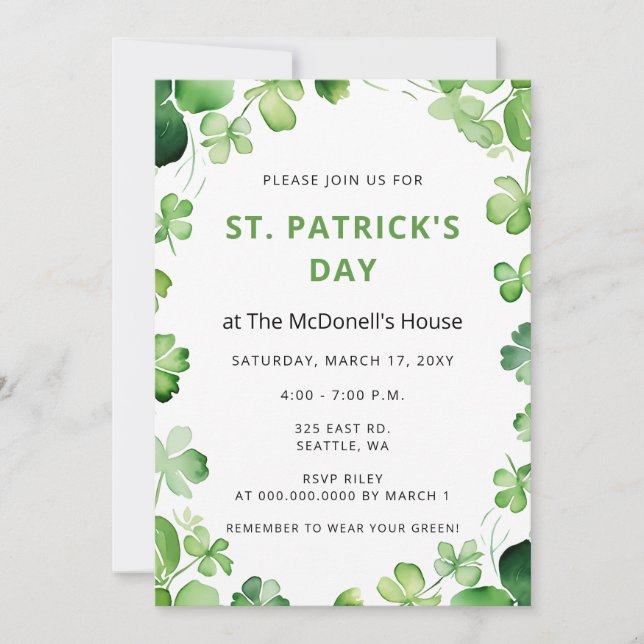 Elegant Green Clover Shamrock St Patricks Day Invitation (Front)
