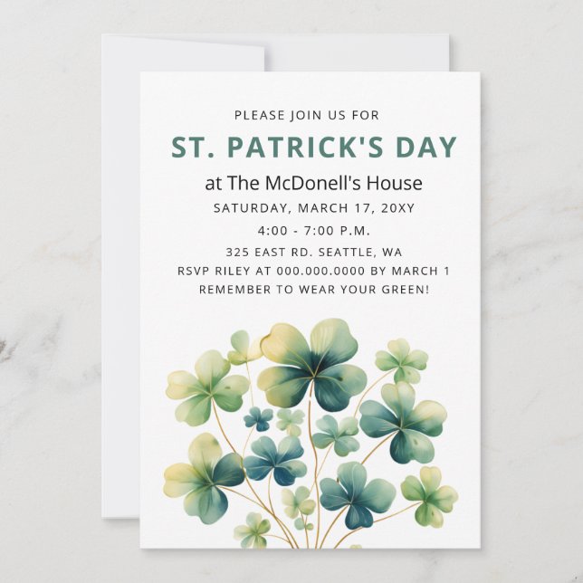 Elegant Green Clover Shamrock St Patricks Day Invitation (Front)