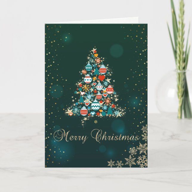 Elegant Green,Colourful Christmas Tree,Snowflakes Holiday Card (Front)