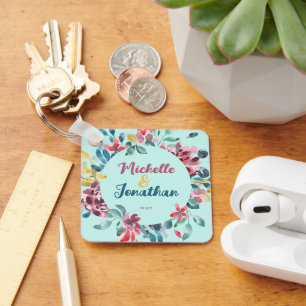 Elegant green colourful watercolor floral wedding key ring