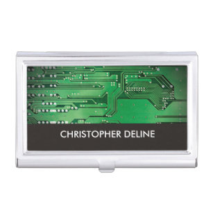 Elegant Green Computer Circuit Board HighTech Business Card Holder