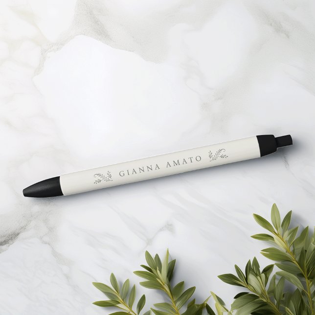 Elegant Green & Cream Botanical Personalised Black Ink Pen (Creator Uploaded)