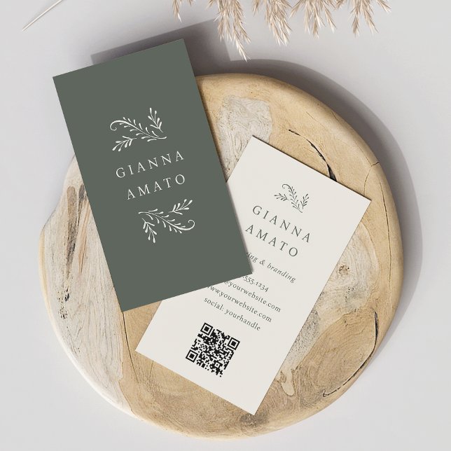 Elegant Green & Cream Botanical QR Code Vertical Business Card (Creator Uploaded)