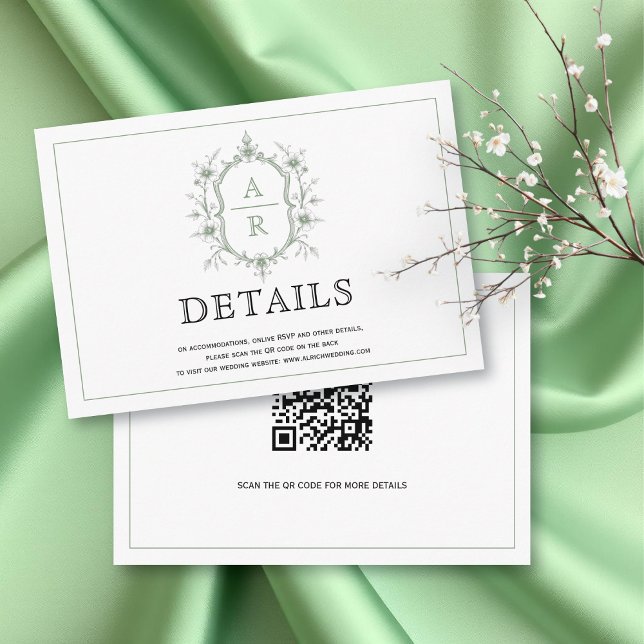 Elegant green crest monogram wedding details enclosure card (Creator Uploaded)