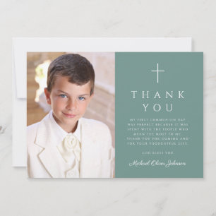 Elegant Green Cross Boy First Communion Photo Thank You Card