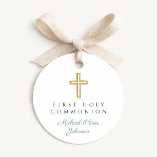 Elegant Green Cross Boy First Communion Round Favour Tags