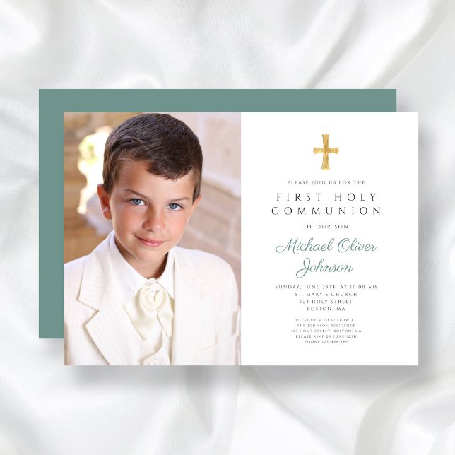 Elegant Green Cross Photo Boy First Communion Invitation (Elegant Green Cross Photo Boy First Communion Invitation)