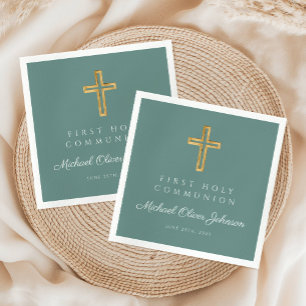 Elegant Green Cross Religious First Communion Napkin