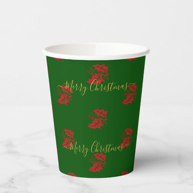 Elegant Green Custom Christmas Holly Paper Cups (Left)