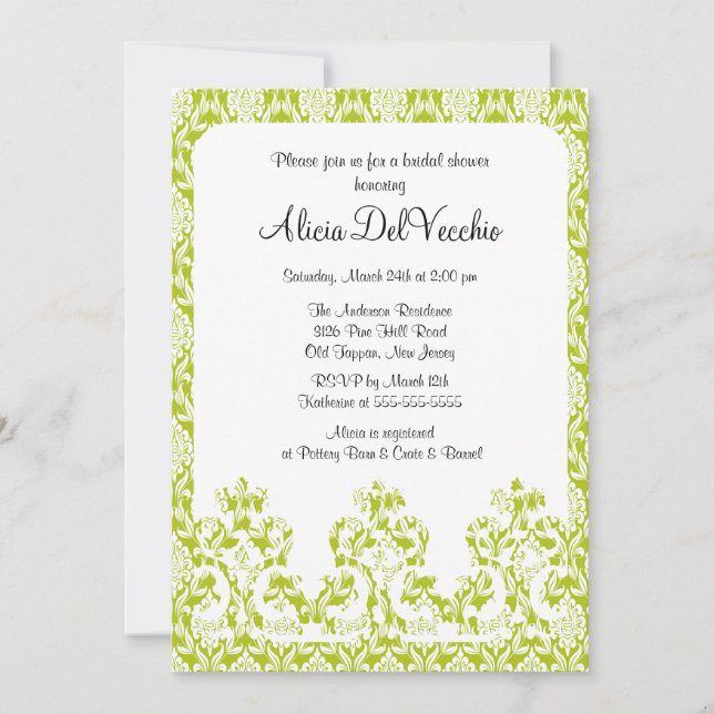 Elegant Green Damask Bridal Shower Invitation (Front)