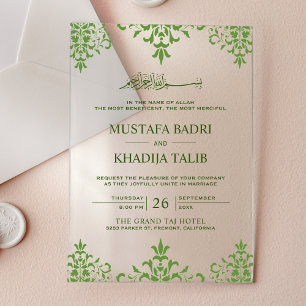 Elegant Green Damask Islamic Wedding Acrylic Invitations