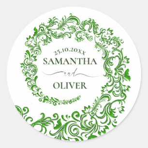 Elegant Green Damask Wedding Classic Round Sticker