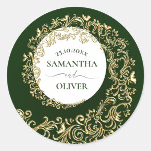 Elegant Green Damask Wedding Classic Round Sticker