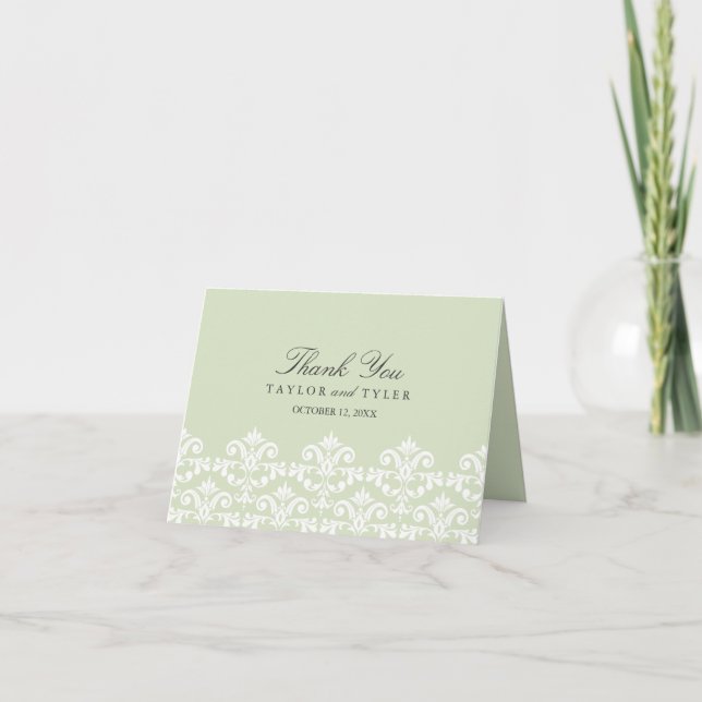 Elegant Green Damask Wedding Thank You Card (Front)