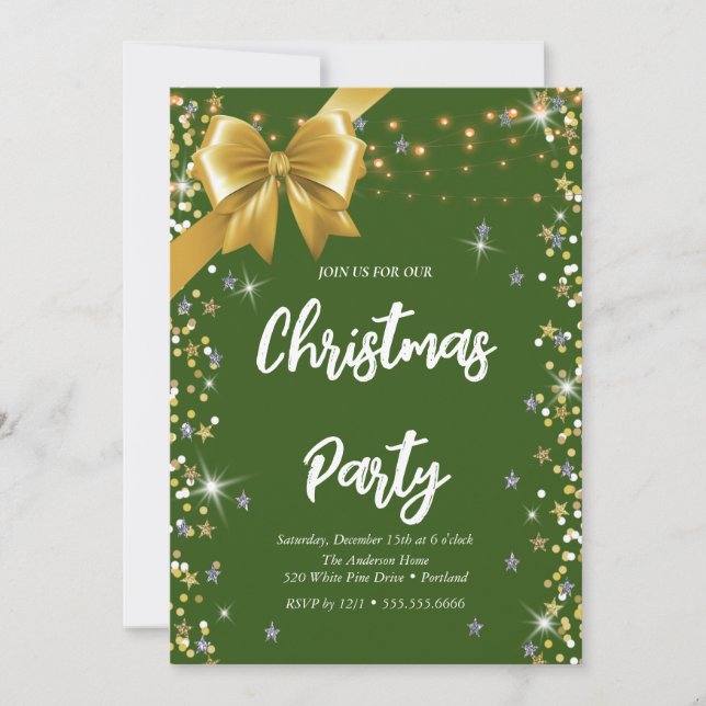 Elegant green diamond, golden ribbon, confetti invitation (Front)