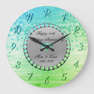 Elegant Green Diamonds 25th Wedding Anniversary Large Clock