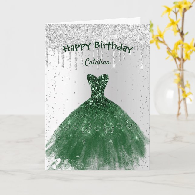 Elegant Green Dress Birthday Card (Yellow Flower)