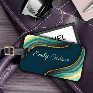 Elegant green emerald marble art faux gold glitter luggage tag