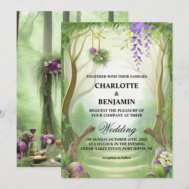 Elegant Green Enchanted Forest Wedding Invitation (Front/Back)