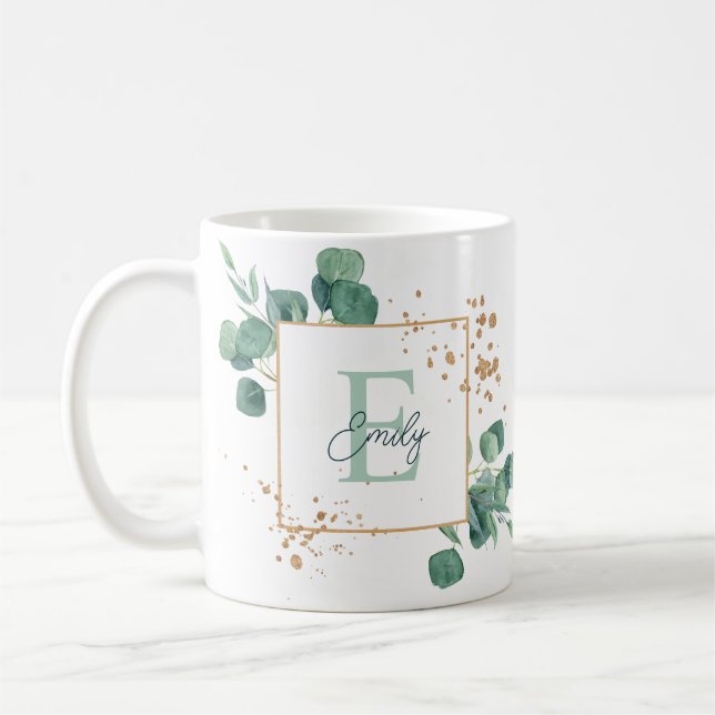 Elegant Green Eucalyptus & Gold Foil Monogram  Coffee Mug (Left)