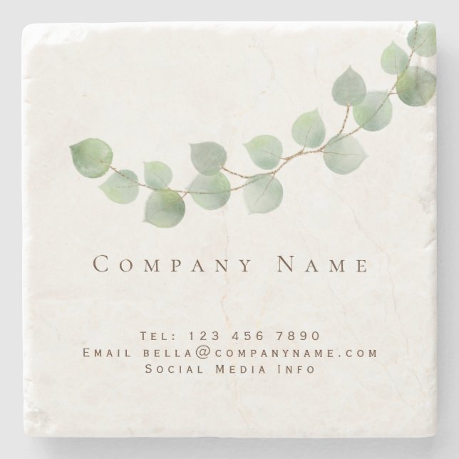 Elegant Green Eucalyptus Leaf Branch Company Name Stone Coaster (Front)