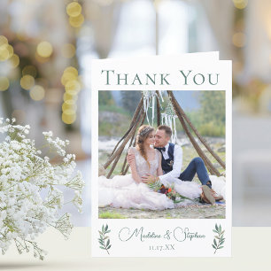 Elegant Green Eucalyptus Leaf Wedding Photo Folded Thank You Card